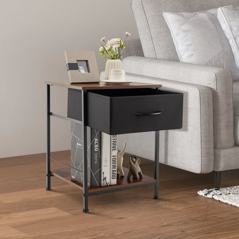 2 Tiers Wood Nightstand with Drawer for Bedroom and Living Room-Rustic Brown by DirectDeals