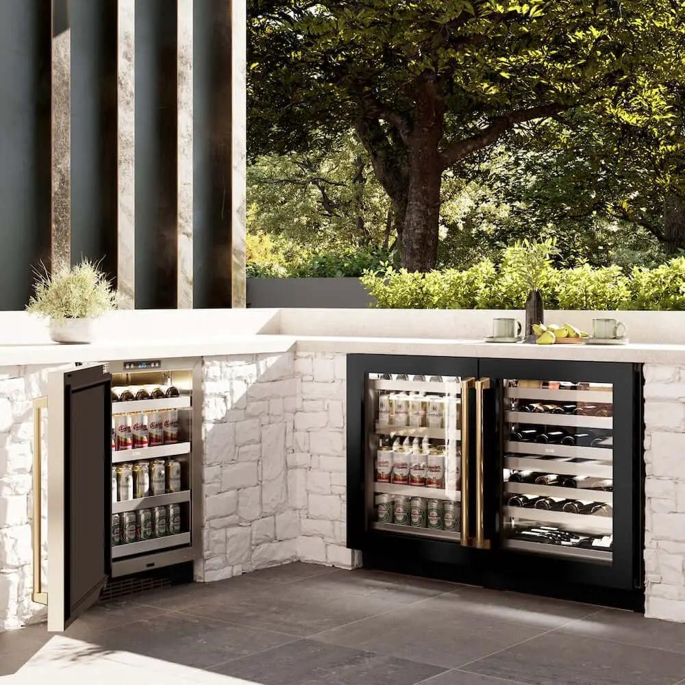 ZLINE 24" Touchstone 151 Can Beverage Fridge Black Stainless Steel Glass Door Gold Handle RBSOZ-BS-24-G by Farmhouse Kitchen and Bath
