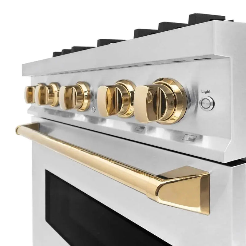 ZLINE 30" Dual Fuel Range, Gas Cooktop, Electric Convection Oven DuraSnow® Stainless Steel, Gold CDRSZ-30-G by Farmhouse Kitchen and Bath