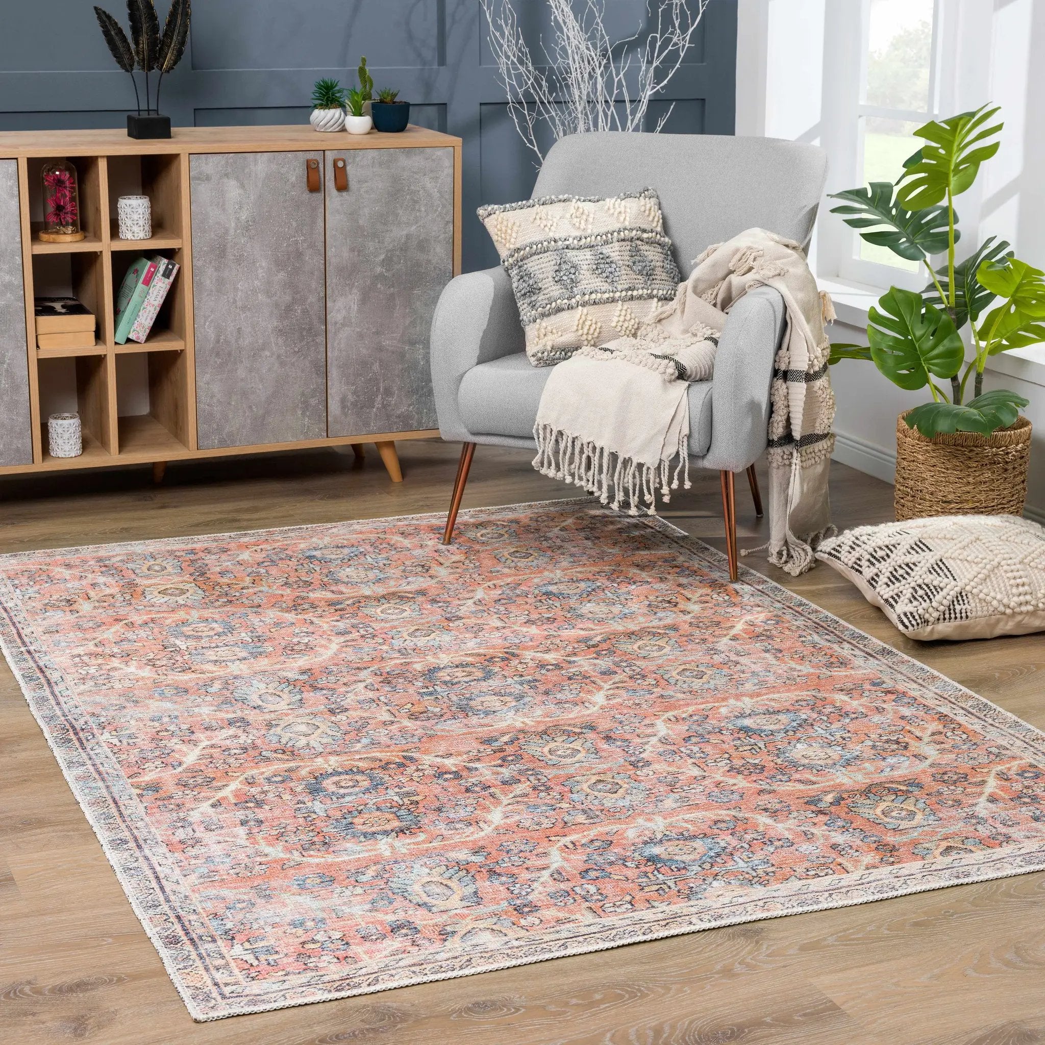Urpi Rose & Blue Washable Area Rug - Clearance by Boutique Rugs