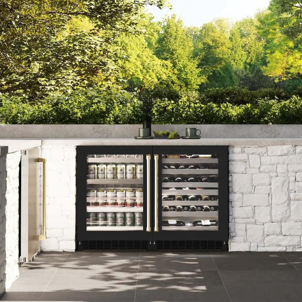 ZLINE 24" Touchstone 151 Can Beverage Fridge Black Matte Glass Door Champagne Bronze Handle RBSOZ-BLM-24-CB by Farmhouse Kitchen and Bath