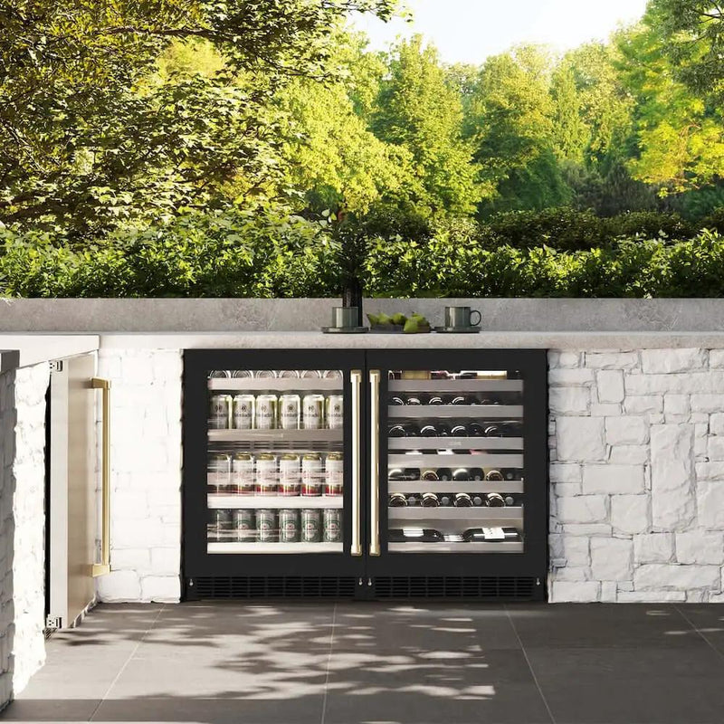 ZLINE 24" Touchstone 151 Can Beverage Fridge Black Matte Glass Door Champagne Bronze Handle RBSOZ-BLM-24-CB by Farmhouse Kitchen and Bath