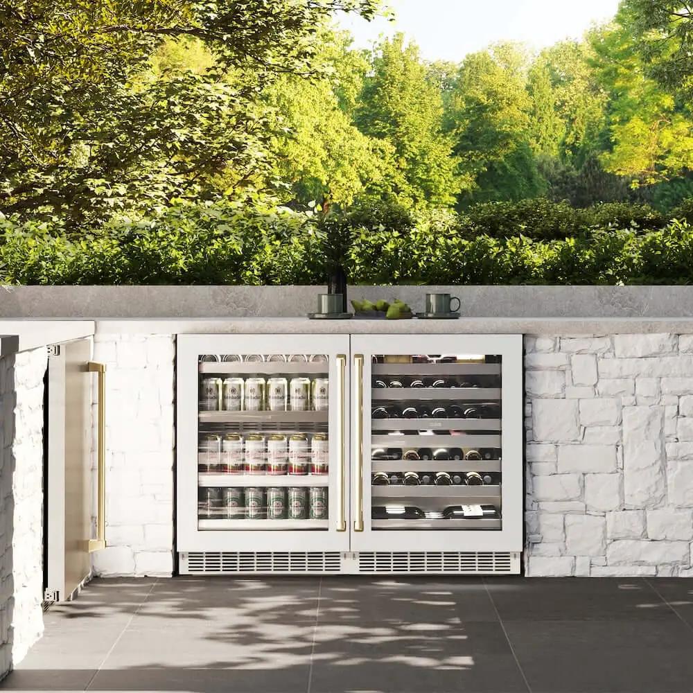 ZLINE 24" Touchstone Dual Zone 44 Bottle Wine Cooler White Matte Glass Door Polished Gold Handle RWDOZ-WM-24-G by Farmhouse Kitchen and Bath