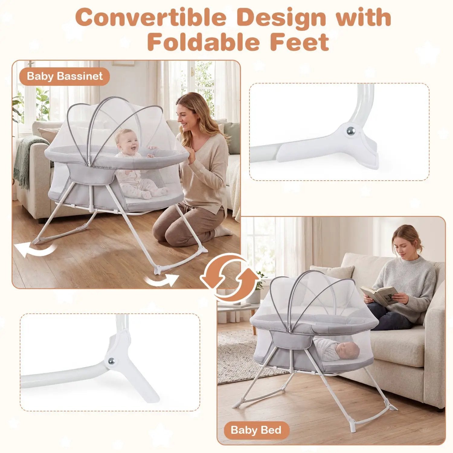 2 in 1 Baby Bassinet with Rocking Motion Foldable Bedside Sleeper with Breathable Mesh by DirectDeals