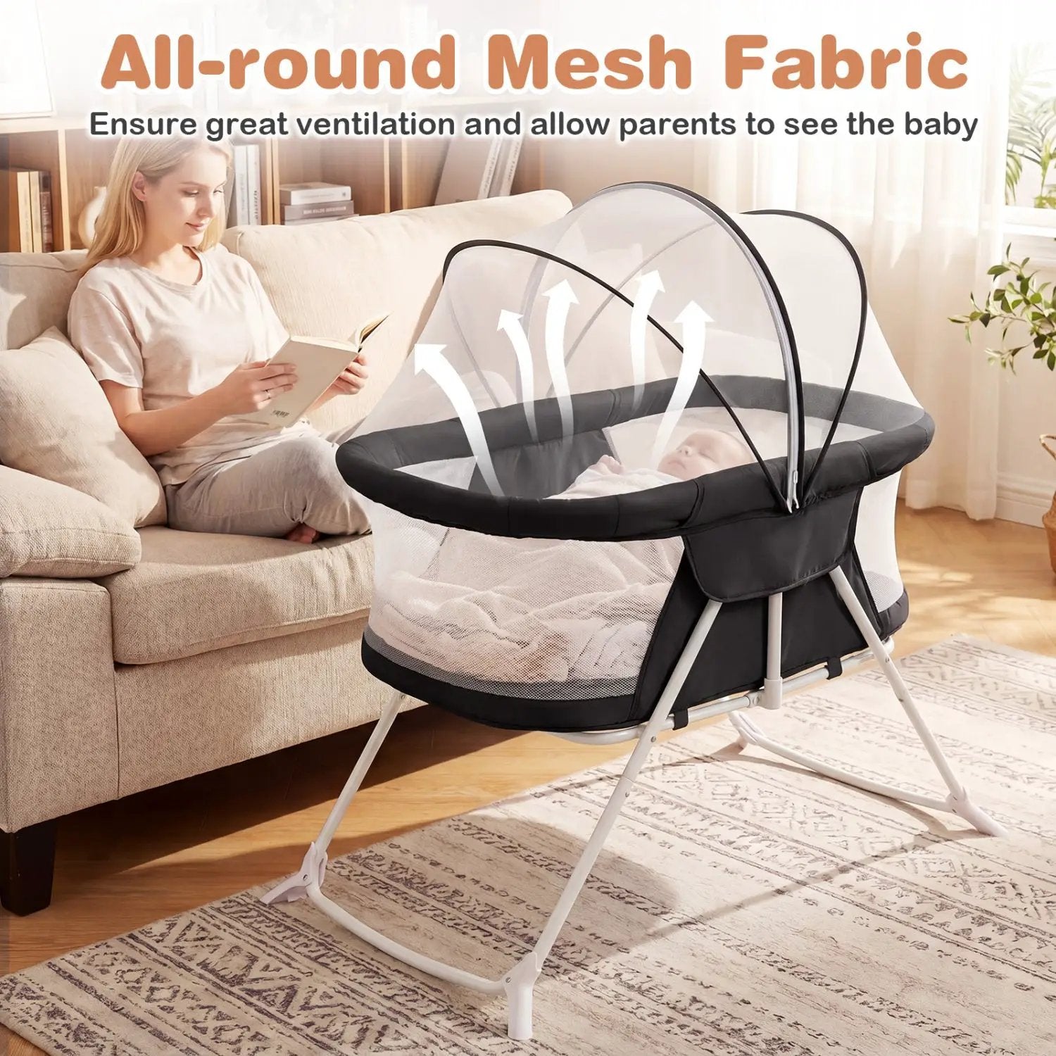 2 in 1 Baby Bassinet with Rocking Motion Foldable Bedside Sleeper with Breathable Mesh by DirectDeals