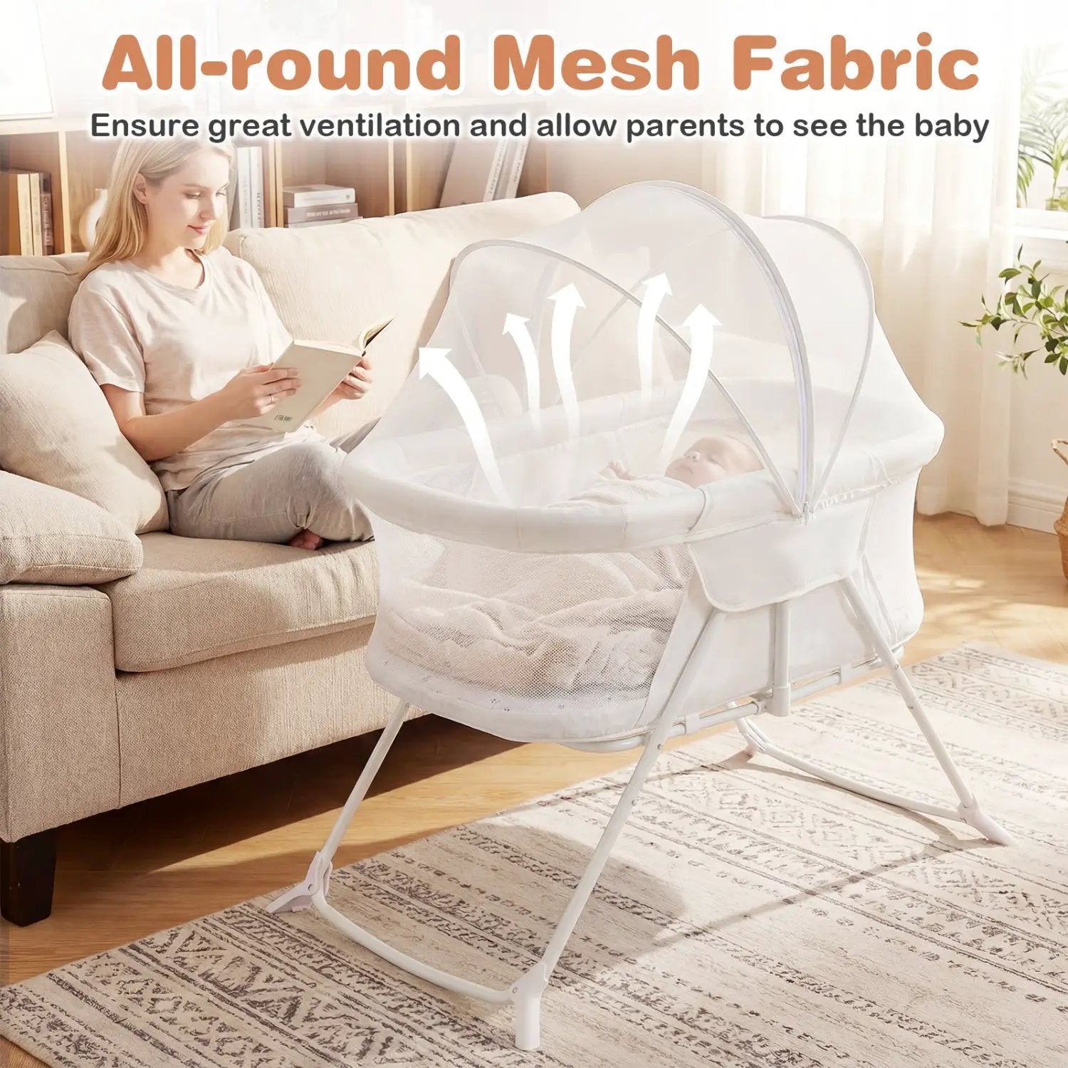2 in 1 Baby Bassinet with Rocking Motion Foldable Bedside Sleeper with Breathable Mesh by DirectDeals