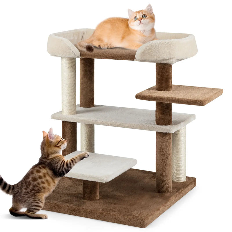 2-in-1 Cat Tree Tower Pet Steps with Sisal Scratching Posts and 4 Large Platforms-Brown by DirectDeals