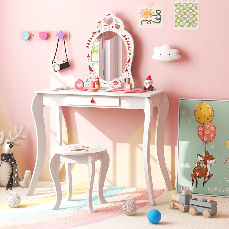 2 in 1 Children Pretend Makeup Vanity Set with Removable Mirror and Storage Drawer-White by DirectDeals