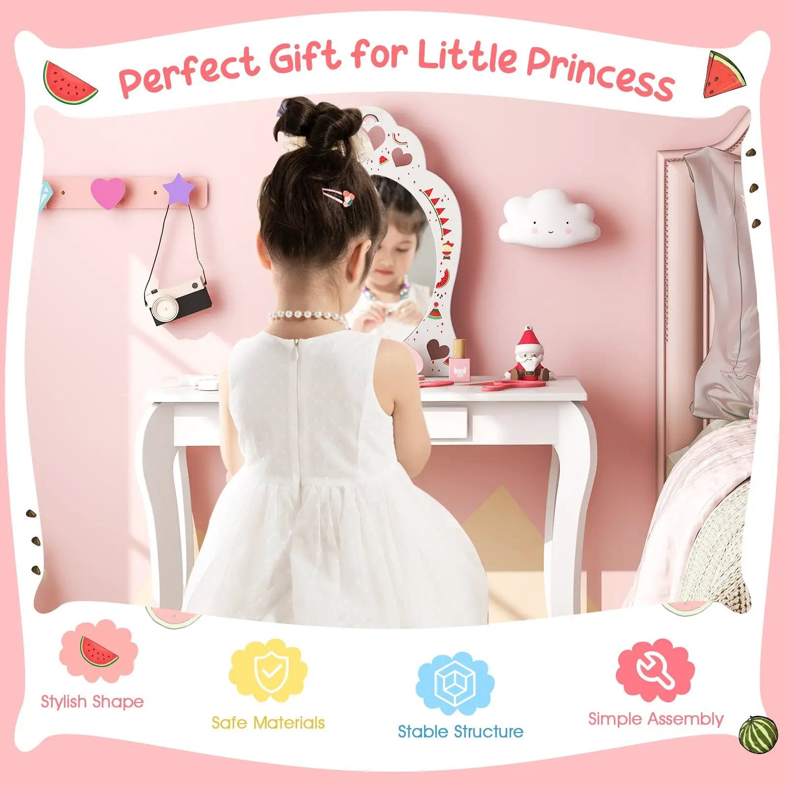 2 in 1 Children Pretend Makeup Vanity Set with Removable Mirror and Storage Drawer-White by DirectDeals