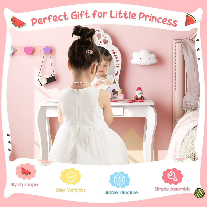 2 in 1 Children Pretend Makeup Vanity Set with Removable Mirror and Storage Drawer-White by DirectDeals