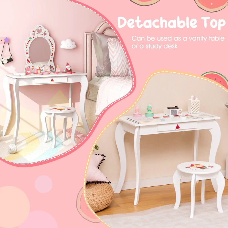 2 in 1 Children Pretend Makeup Vanity Set with Removable Mirror and Storage Drawer-White by DirectDeals