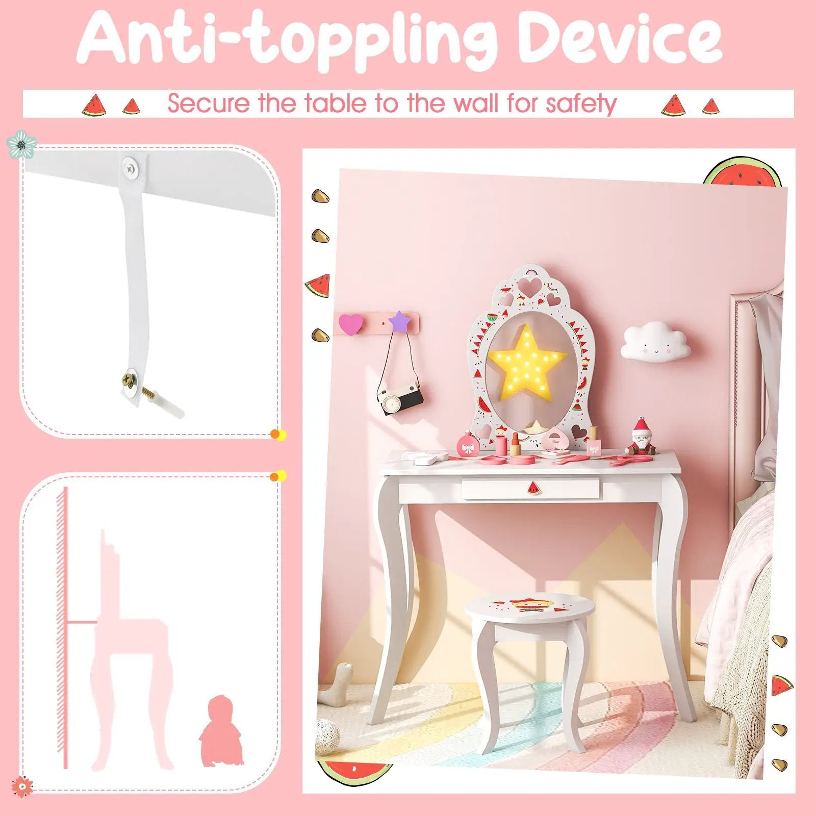 2 in 1 Children Pretend Makeup Vanity Set with Removable Mirror and Storage Drawer-White by DirectDeals