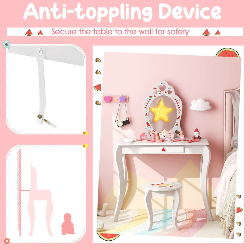 2 in 1 Children Pretend Makeup Vanity Set with Removable Mirror and Storage Drawer-White by DirectDeals