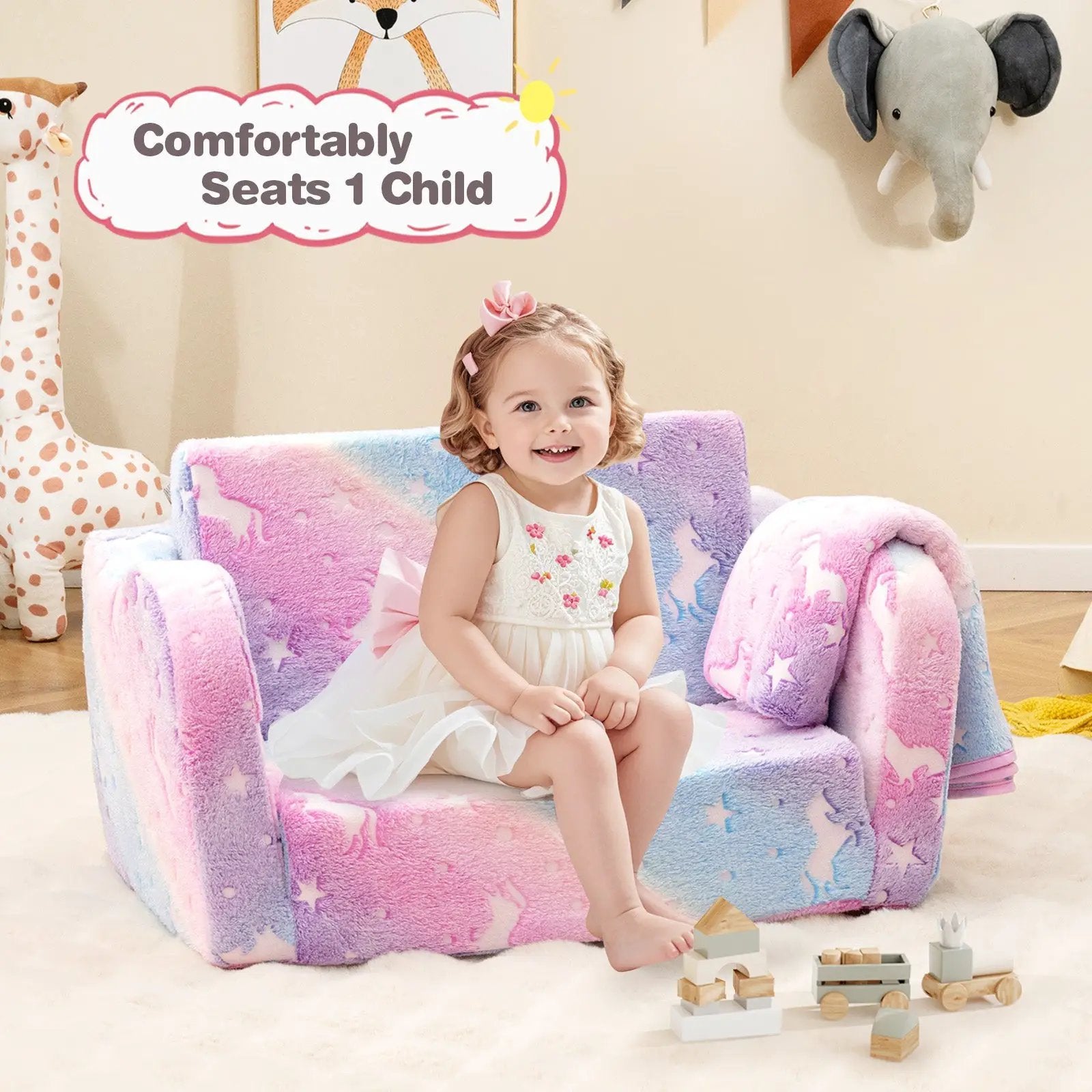 2-in-1 Folding Kids Couch with Blanket Glow in the Dark by DirectDeals