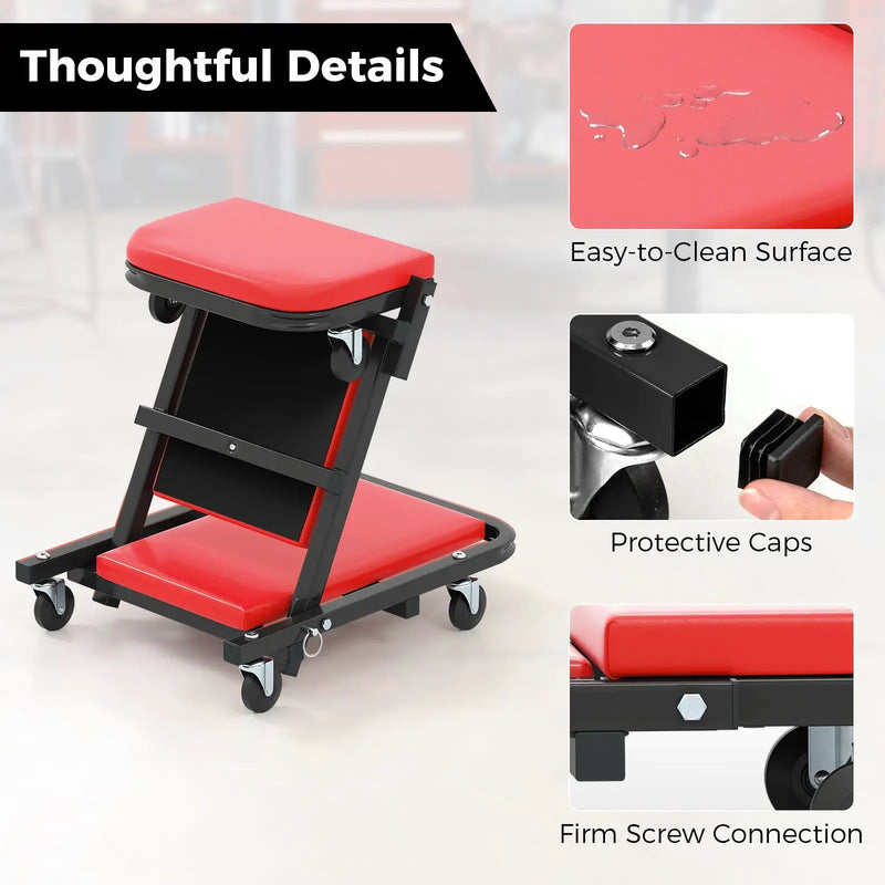 2-in-1 Folding Low Profile Mechanic Creeper with Padded Seat and 6 Wheels-Red by DirectDeals