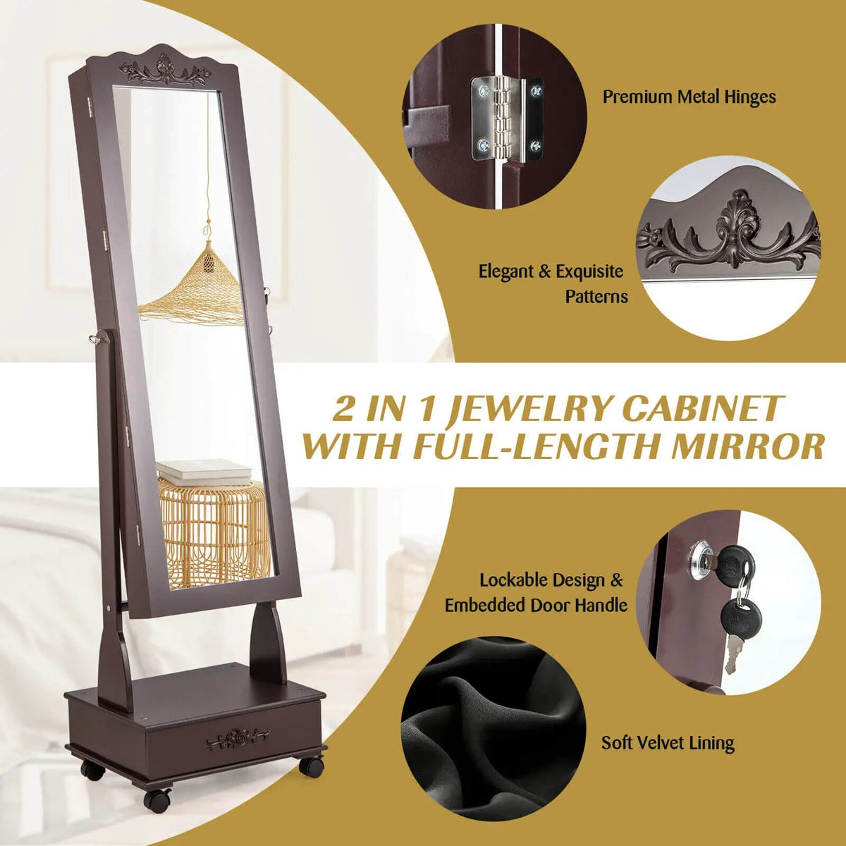 Rolling Floor Standing Mirrored Jewelry Armoire with Lock and Drawers, photo 6 of 10