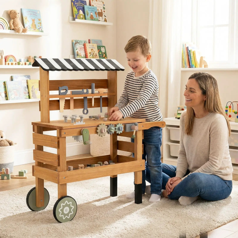 2-in-1 Kids Rolling Cart with Play Tools Set for Construction Play-Brown by DirectDeals