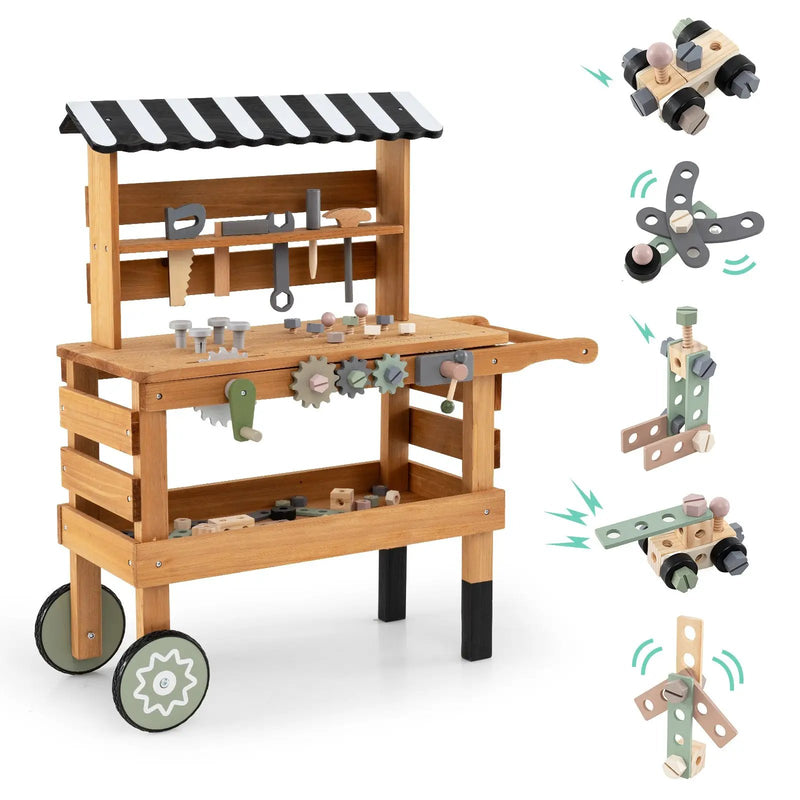 2-in-1 Kids Rolling Cart with Play Tools Set for Construction Play-Brown by DirectDeals