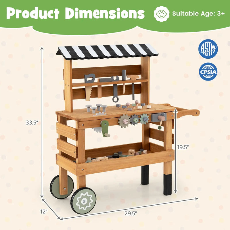 2-in-1 Kids Rolling Cart with Play Tools Set for Construction Play-Brown by DirectDeals