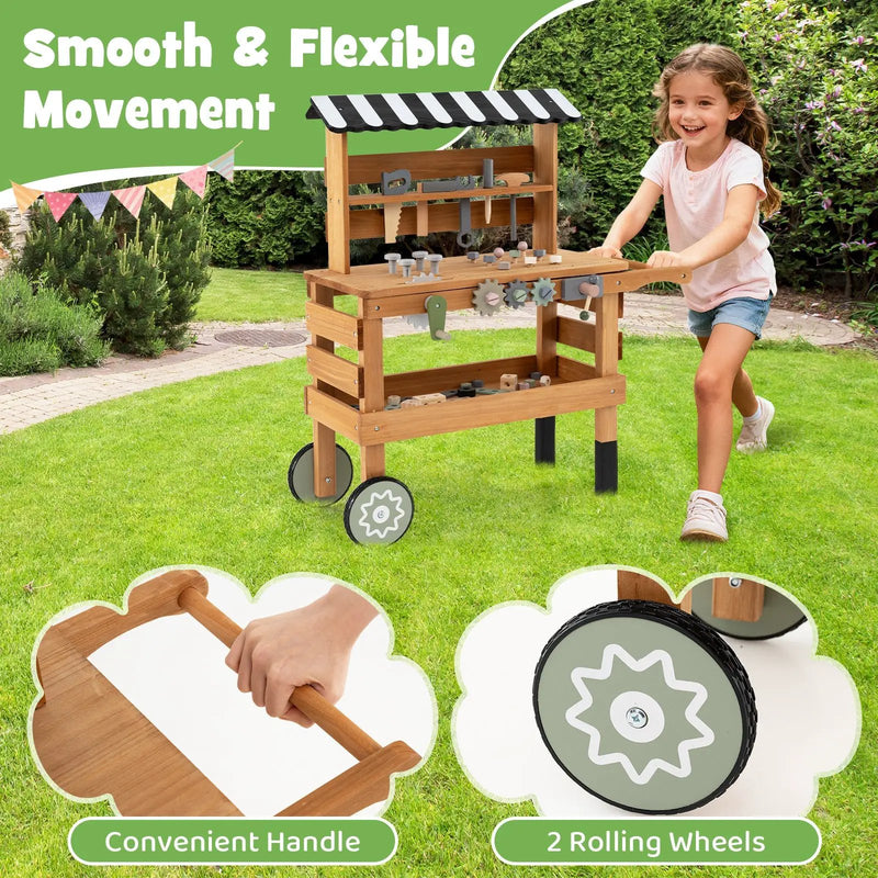2-in-1 Kids Rolling Cart with Play Tools Set for Construction Play-Brown by DirectDeals