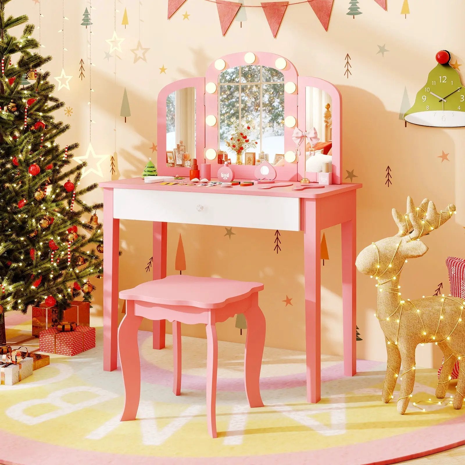 2-in-1 Kids Vanity Table Set with Tri-Folding Detachable Mirror and Lights by DirectDeals