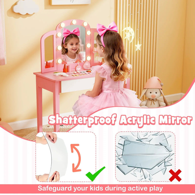 2-in-1 Kids Vanity Table Set with Tri-Folding Detachable Mirror and Lights by DirectDeals
