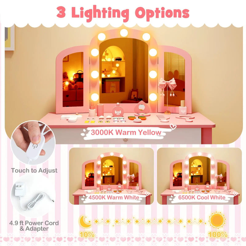 2-in-1 Kids Vanity Table Set with Tri-Folding Detachable Mirror and Lights by DirectDeals