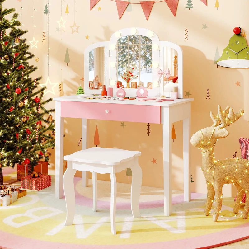 2-in-1 Kids Vanity Table Set with Tri-Folding Detachable Mirror and Lights by DirectDeals