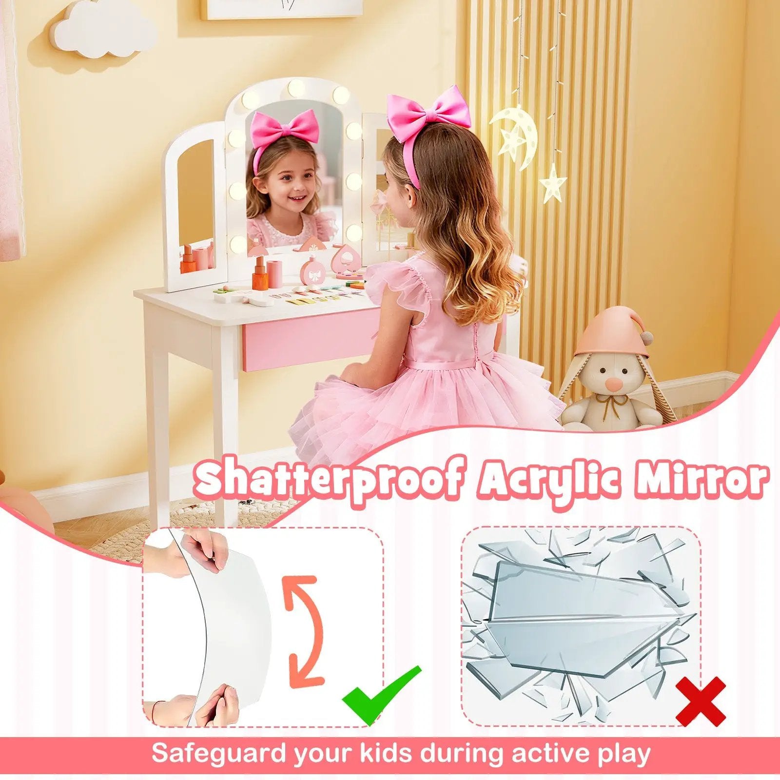 2-in-1 Kids Vanity Table Set with Tri-Folding Detachable Mirror and Lights by DirectDeals