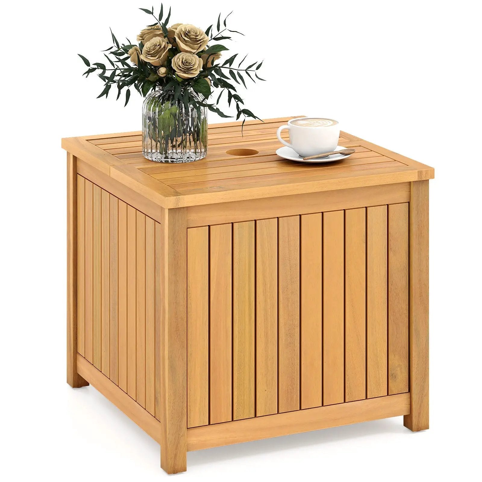 2-in-1 Outdoor Side Table with Storage Acacia Wood Slatted Coffee Table Square and Round Slatted End Storage Box by DirectDeals