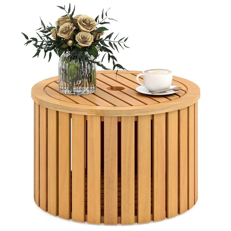 2-in-1 Outdoor Side Table with Storage Acacia Wood Slatted Coffee Table Square and Round Slatted End Storage Box by DirectDeals