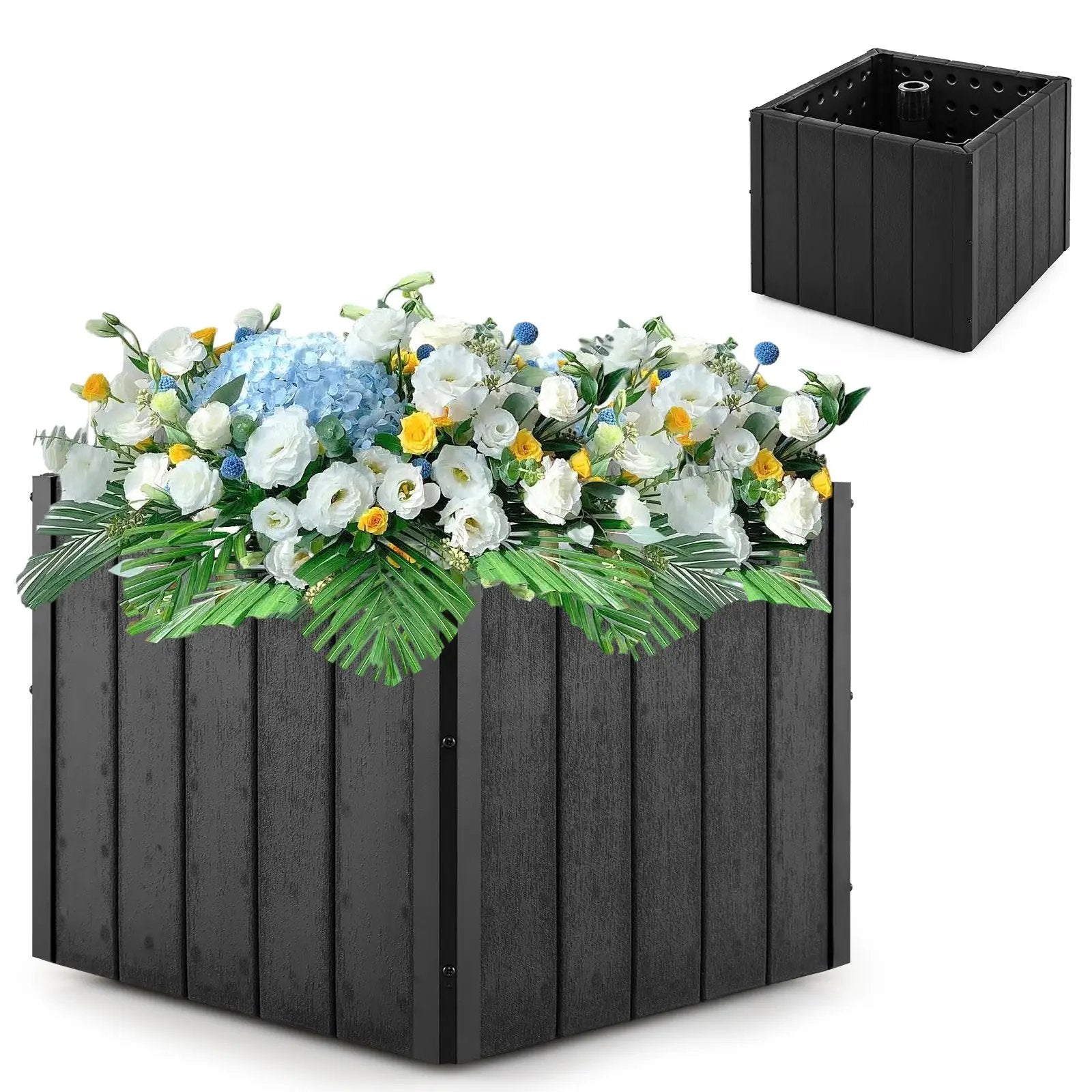 2-in-1 Outdoor Umbrella Base Planter Patio Umbrella Stand with Flower Box-Black by DirectDeals