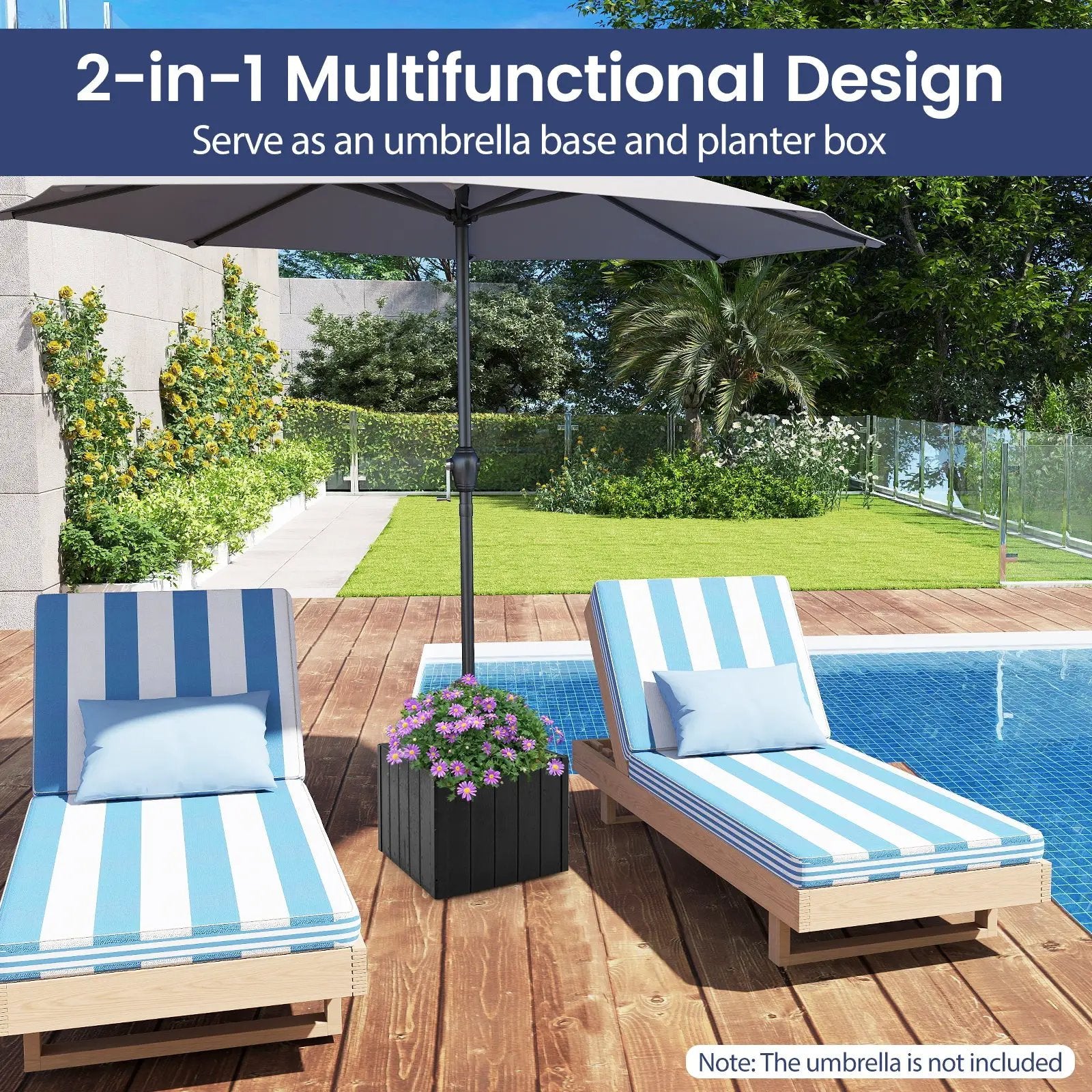 2-in-1 Outdoor Umbrella Base Planter Patio Umbrella Stand with Flower Box-Black by DirectDeals