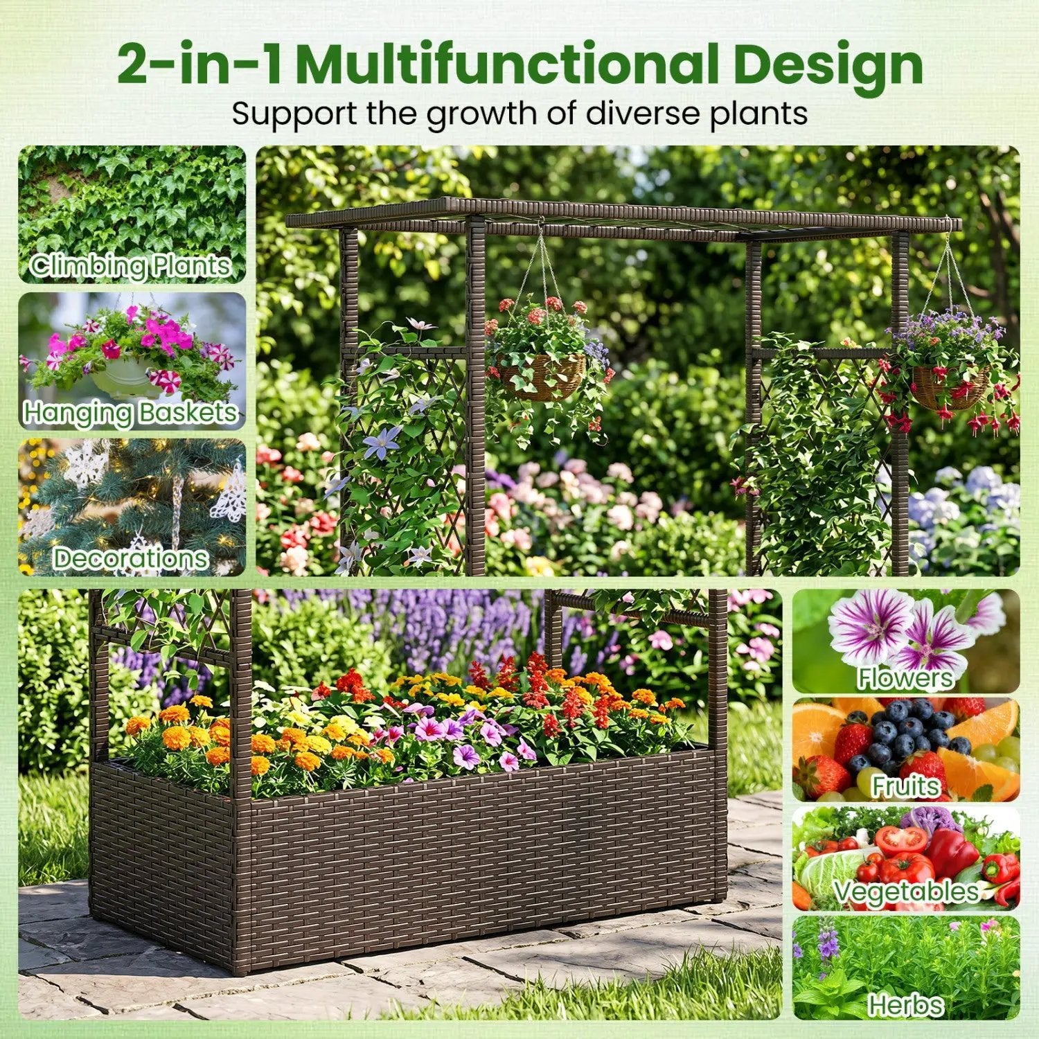 Raised Garden Bed with Hanging Roof and Trellises by DirectDeals