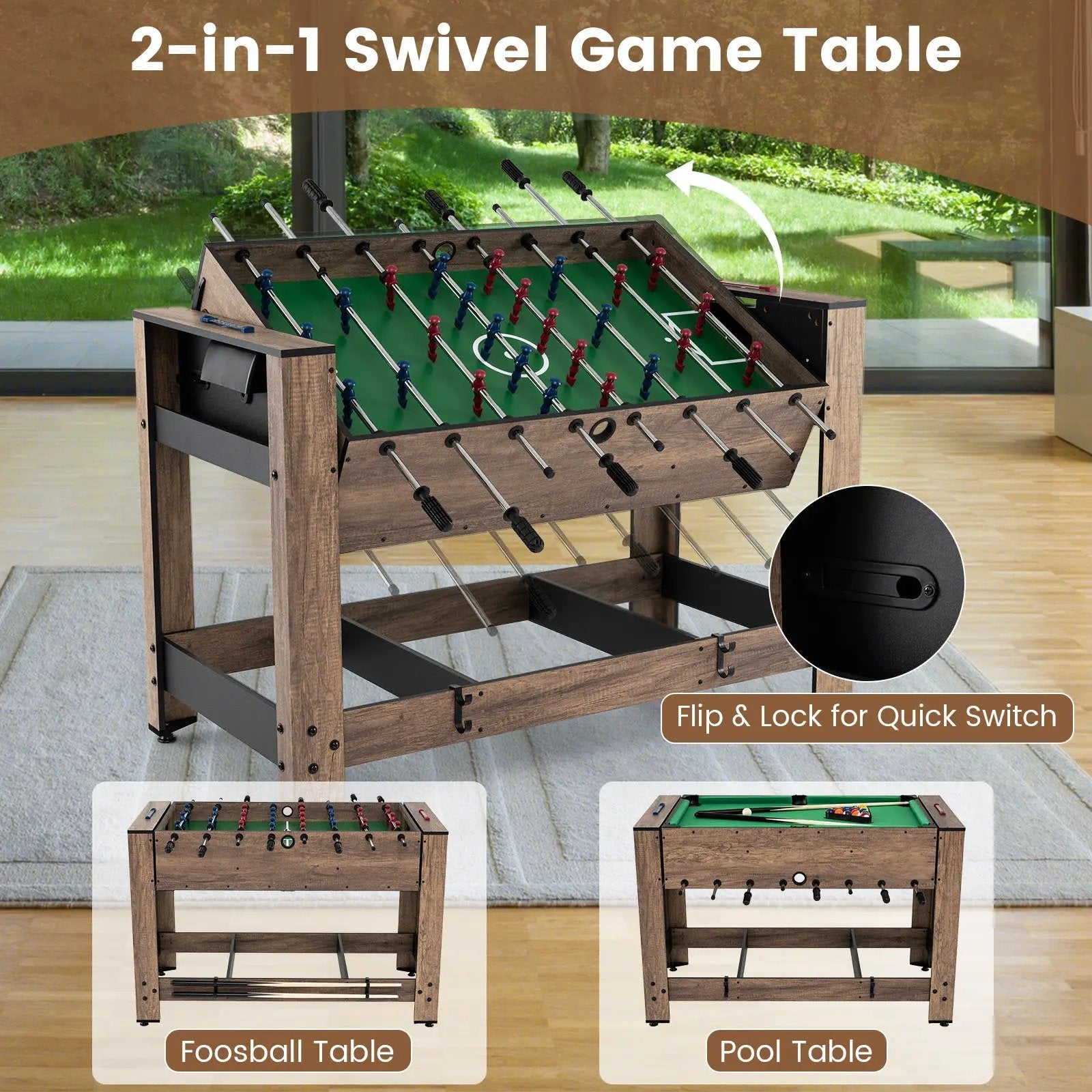 2-in-1 Swivel Foosball and Pool Combo Game Table -Natural by DirectDeals