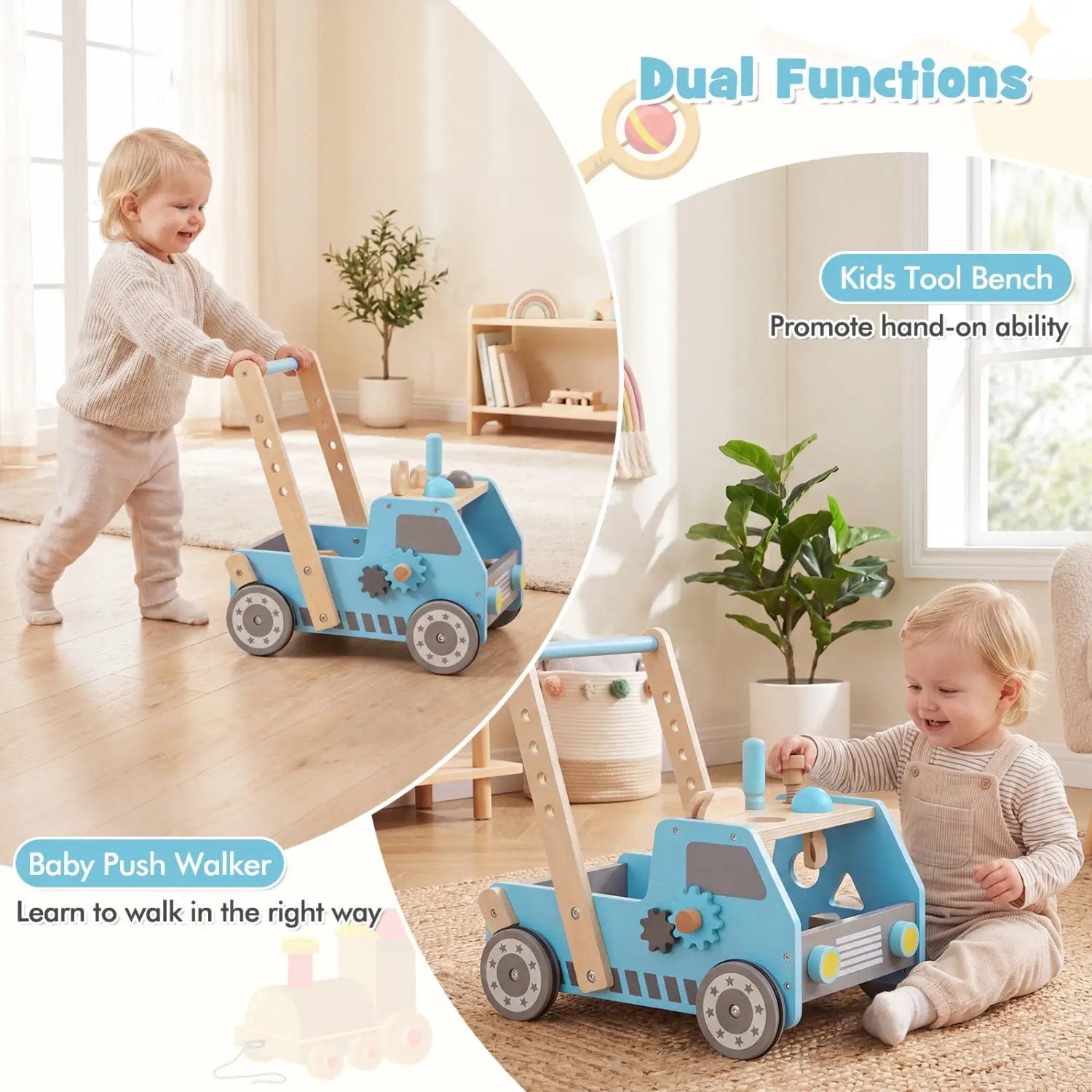 2-in-1 Wooden Baby Walker with Adjustable Speed and Storage by DirectDeals