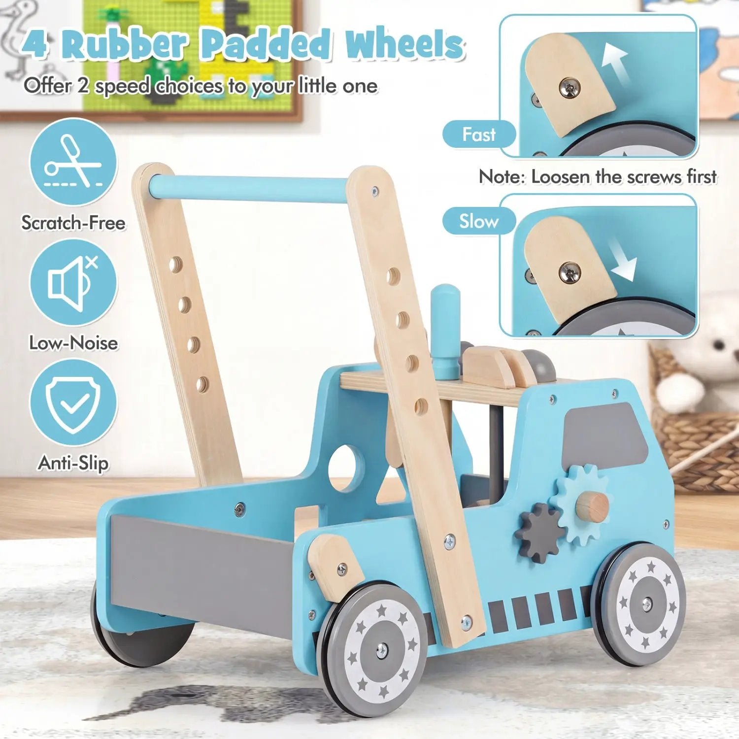 2-in-1 Wooden Baby Walker with Adjustable Speed and Storage by DirectDeals