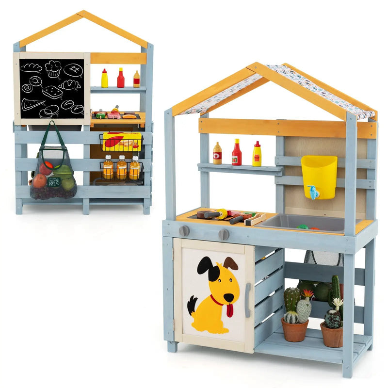 2 in 1 Wooden Mud Kitchen with Removable Water Box and Storage Bag-Gray by DirectDeals