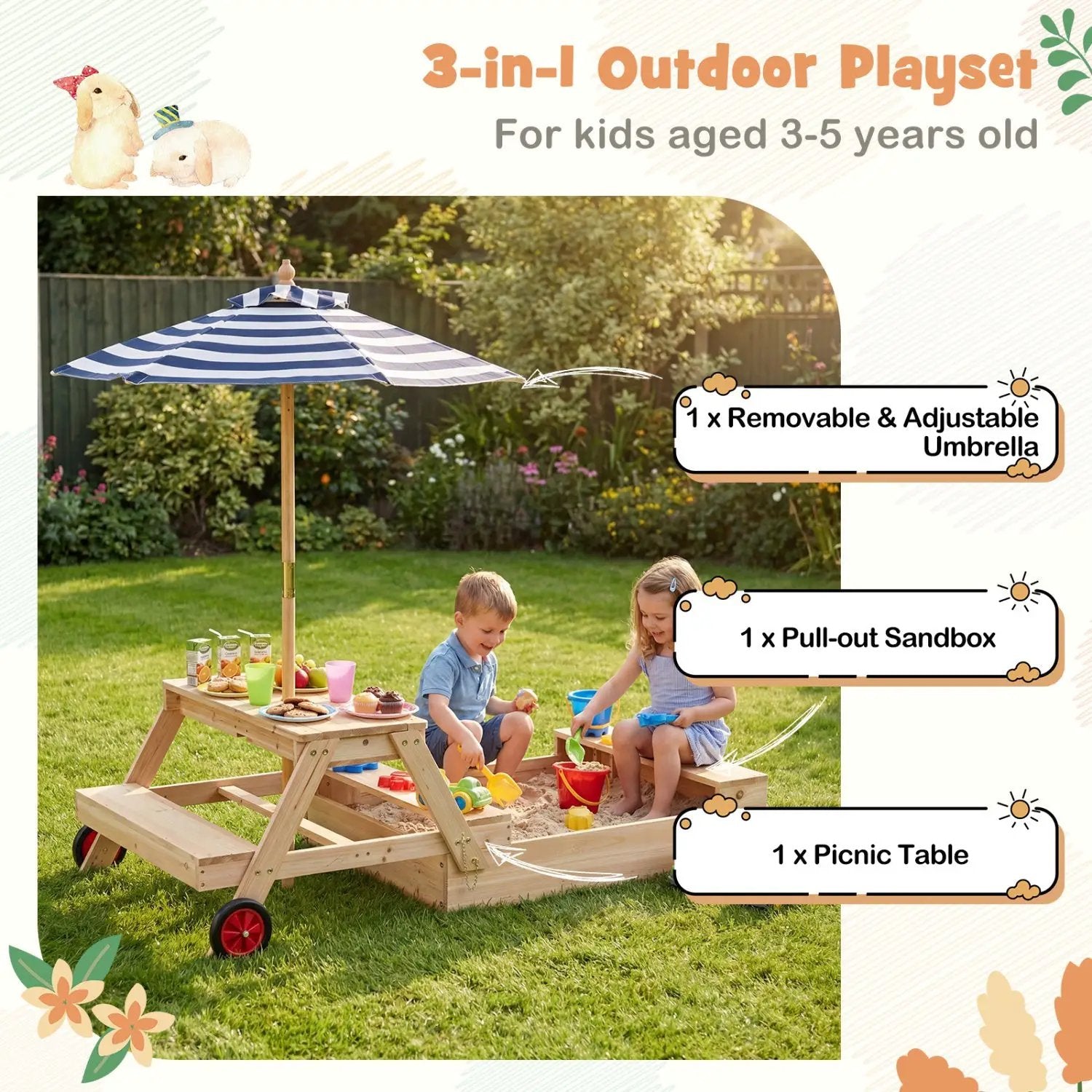 2-in-1 Wooden Sandbox with Foldable Umbrella and Convertible Picnic Table by DirectDeals