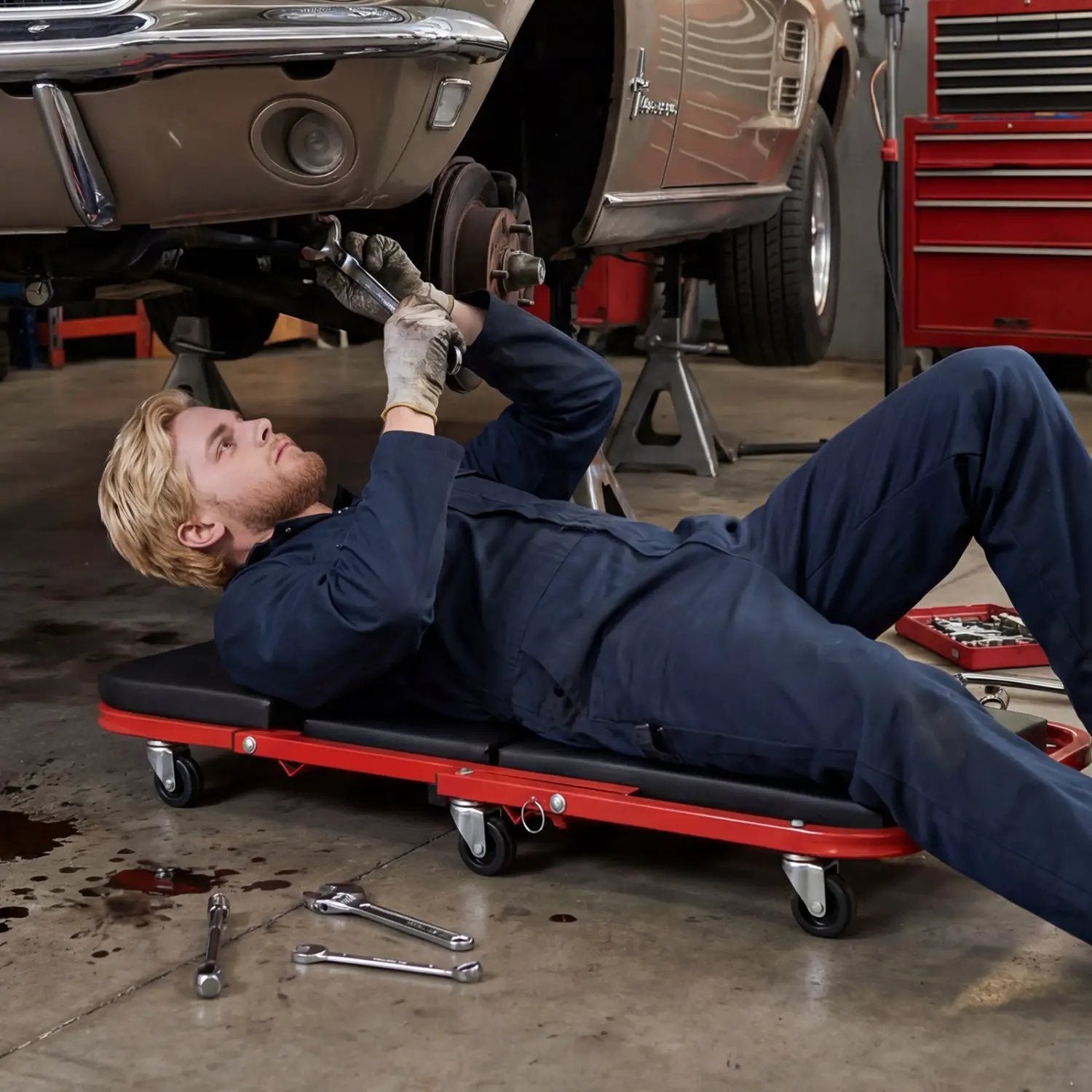 2-in-1 Z-Shaped Rolling Garage Stool 36" Folding Flat Automotive Creeper-Red by DirectDeals
