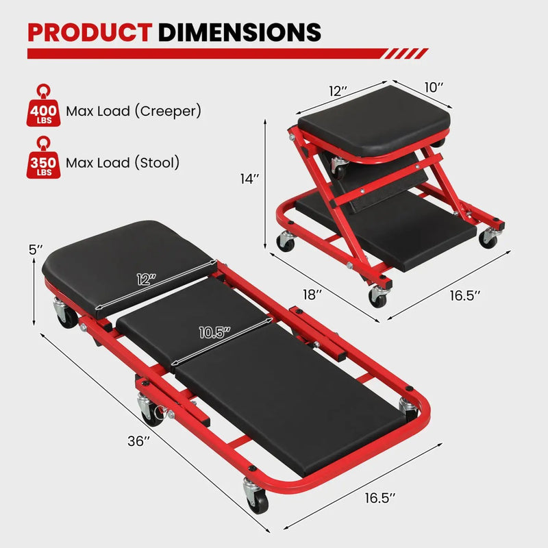 2-in-1 Z-Shaped Rolling Garage Stool 36" Folding Flat Automotive Creeper-Red by DirectDeals