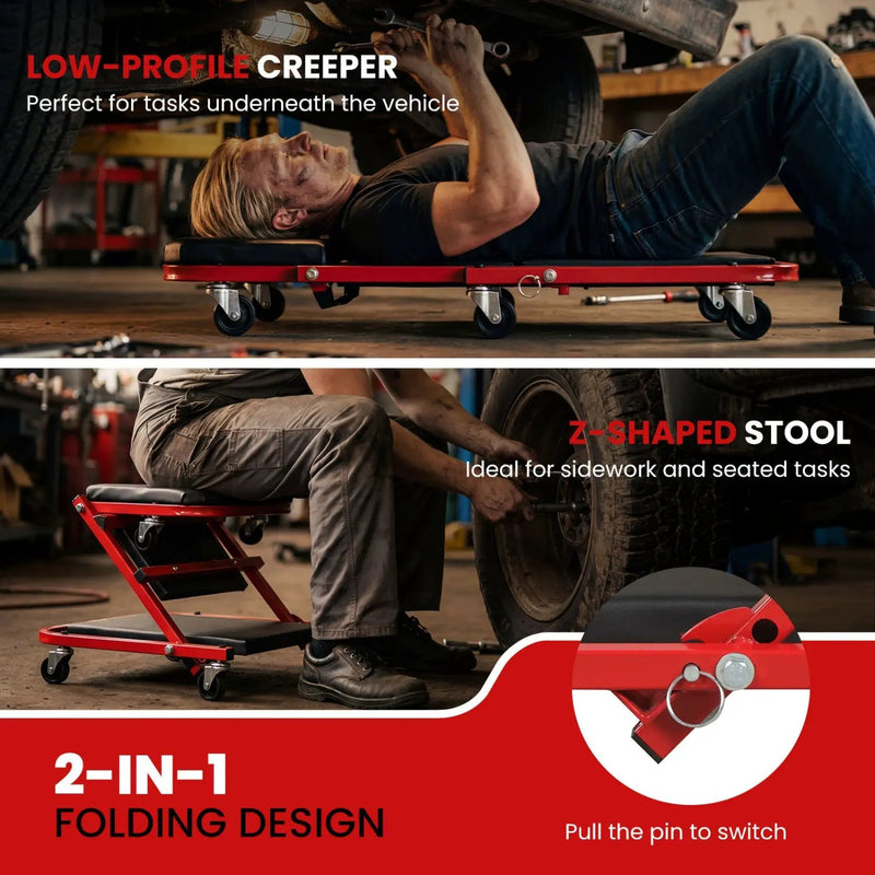2-in-1 Z-Shaped Rolling Garage Stool 36" Folding Flat Automotive Creeper-Red by DirectDeals