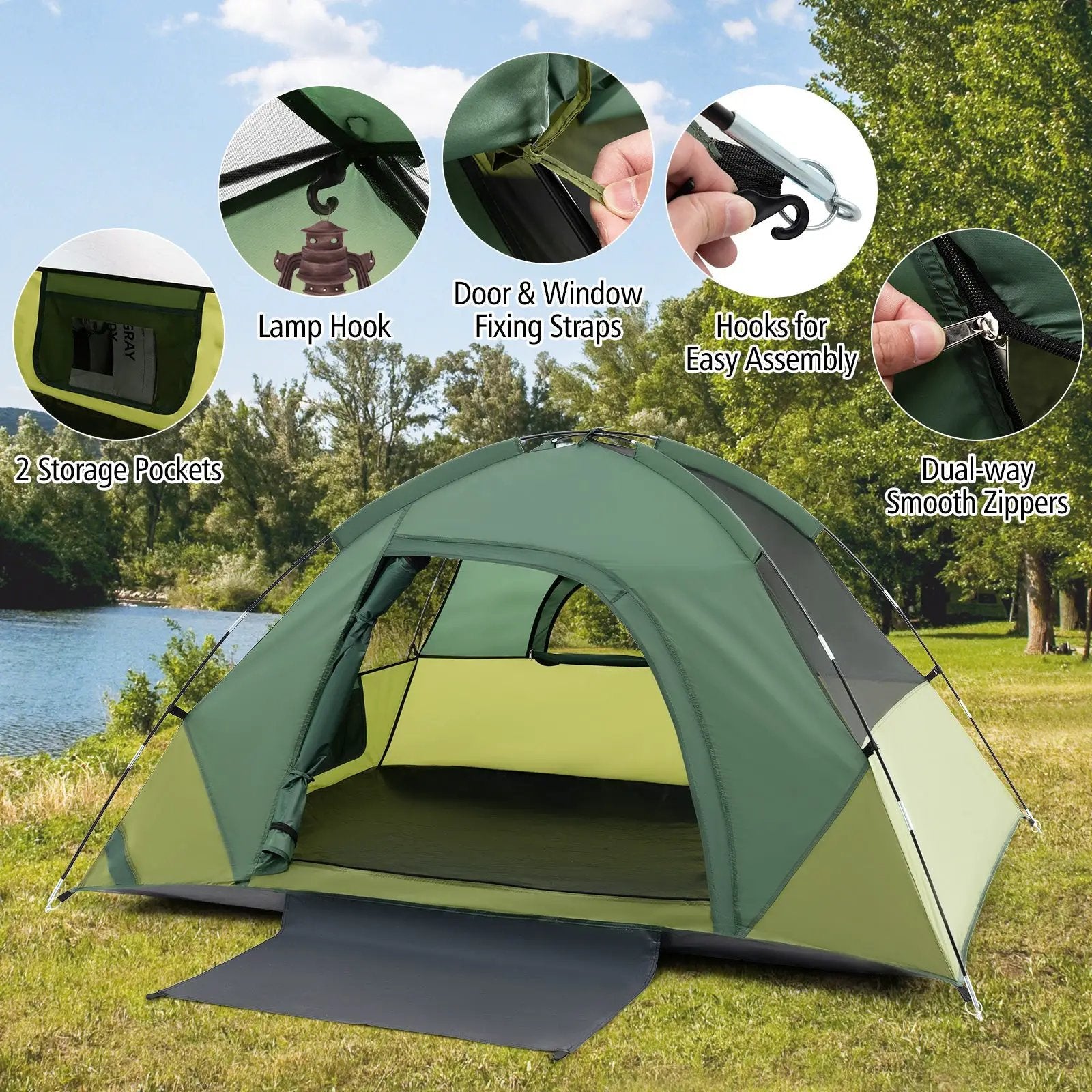 2-person Camping Tent w/ Removable Rain Fly and Double-layer Door-Green by DirectDeals