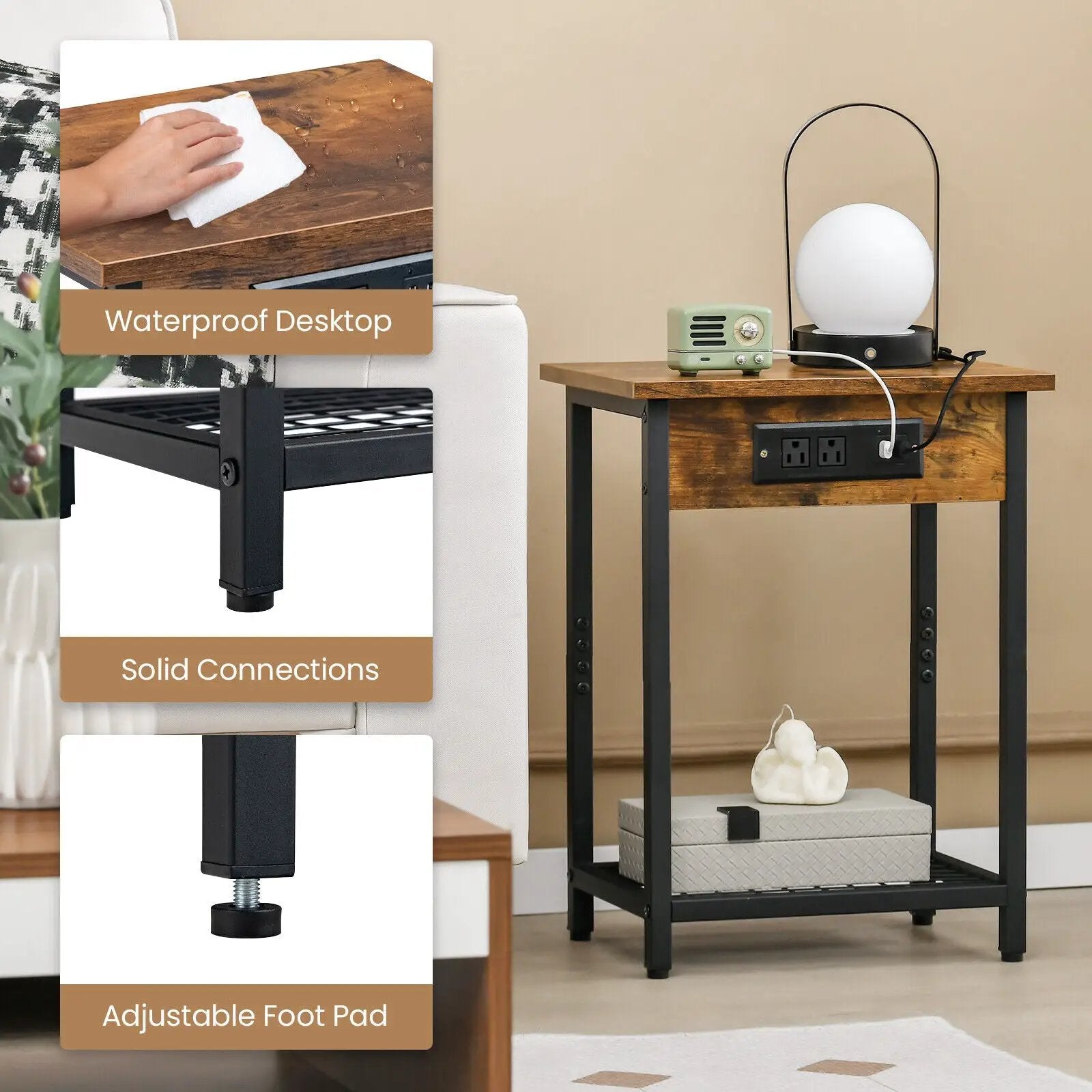 2 Pieces Bedside Nightstand Set with Open Shelf and Charging Station-Rustic Brown by DirectDeals