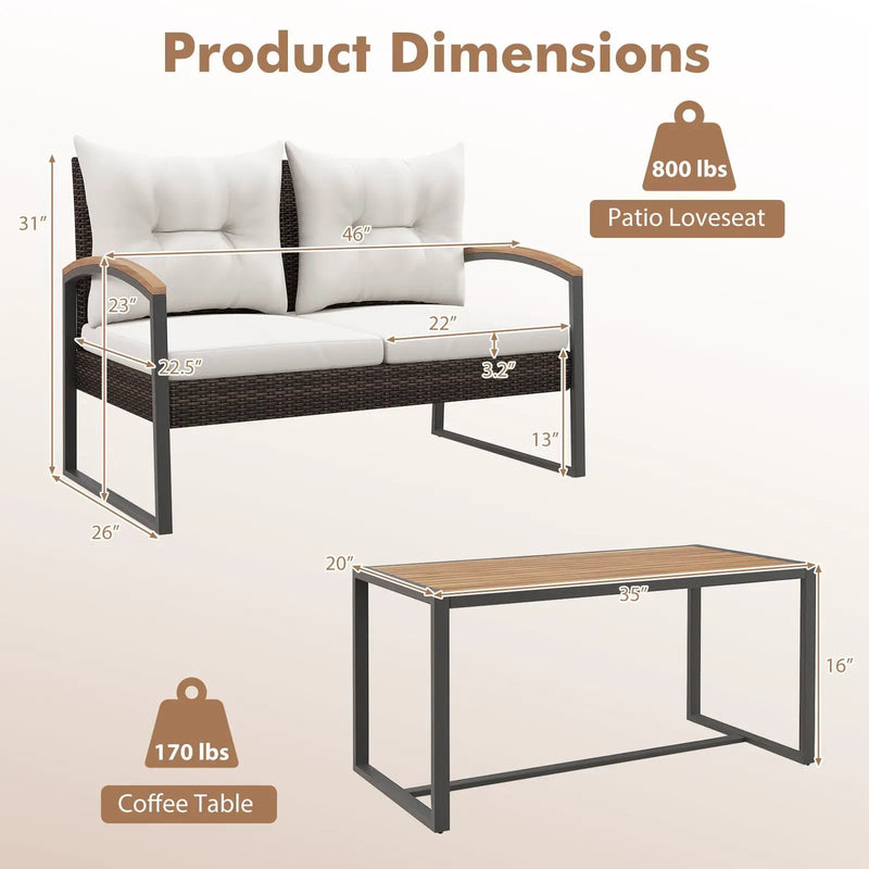 2 Pieces Patio PE Wicker Furniture Set with Acacia Wood Coffee Table-White by DirectDeals