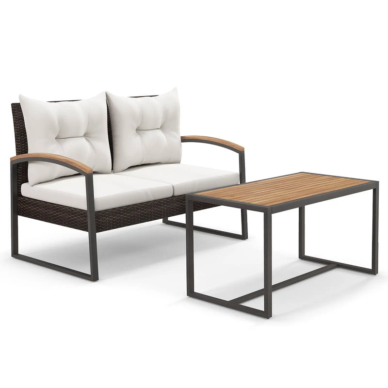 2 Pieces Patio PE Wicker Furniture Set with Acacia Wood Coffee Table-White by DirectDeals