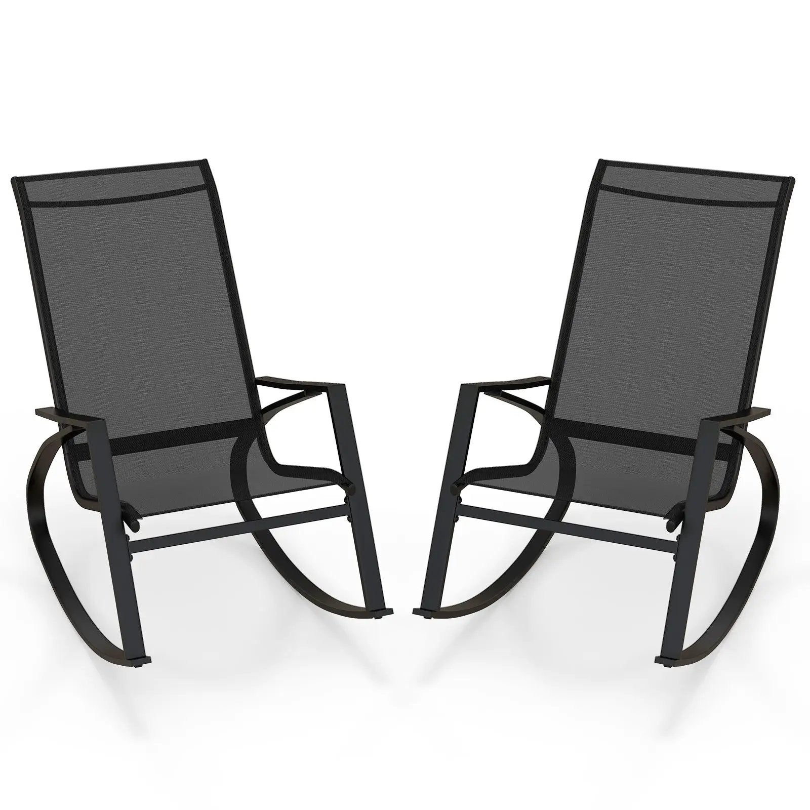 2 Pieces Patio Rocking Chairs Outdoor Sling Fabric Rockers with Ergonomic Backrest and Seat-Black by DirectDeals