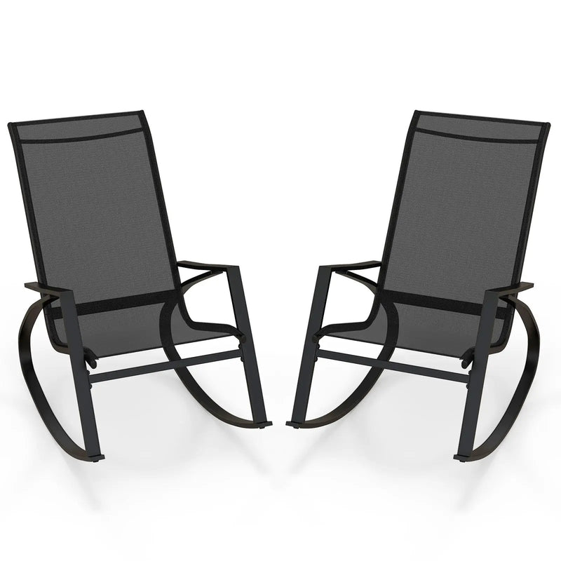 2 Pieces Patio Rocking Chairs Outdoor Sling Fabric Rockers with Ergonomic Backrest and Seat-Black by DirectDeals