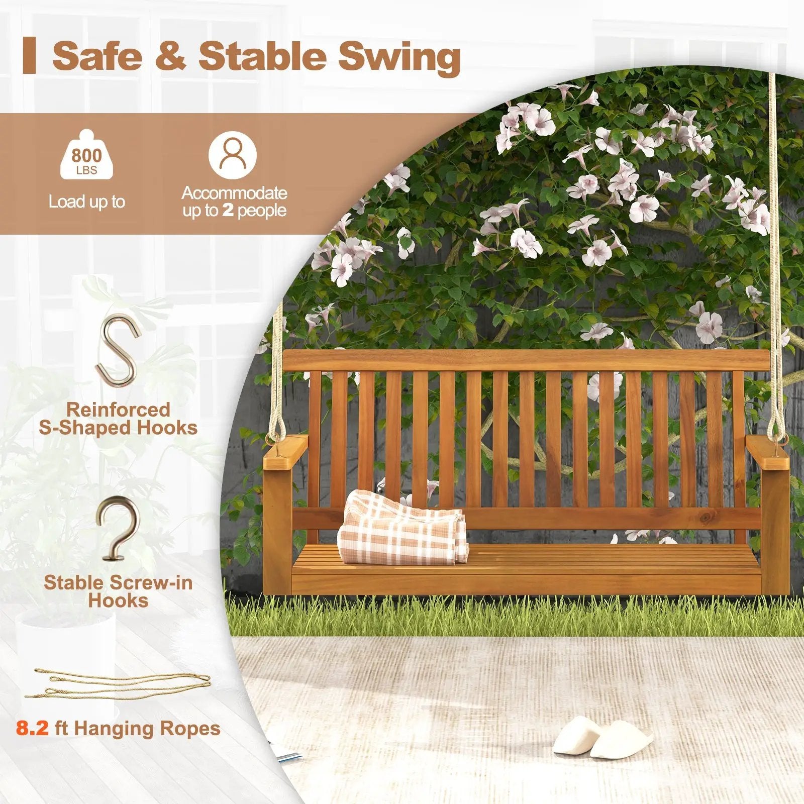 2-Seat Acacia Wood Porch Swing Bench with 2 Hanging Hemp Ropes by DirectDeals