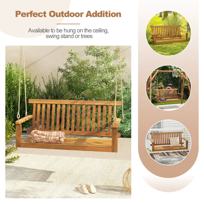 2-Seat Acacia Wood Porch Swing Bench with 2 Hanging Hemp Ropes by DirectDeals